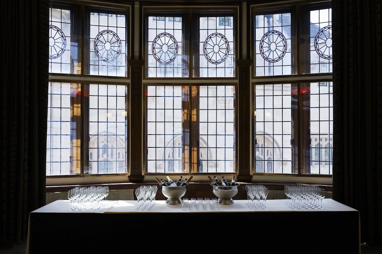 Surveyors House- Council Chamber window with table set up for drinks reception